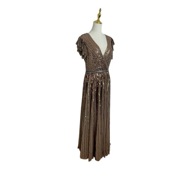 Mac Duggal 5502 Copper Sequin Wrap Gown Ruffled Cap Sleeve Long Gown Size 8 $698 - Picture 6 of 10